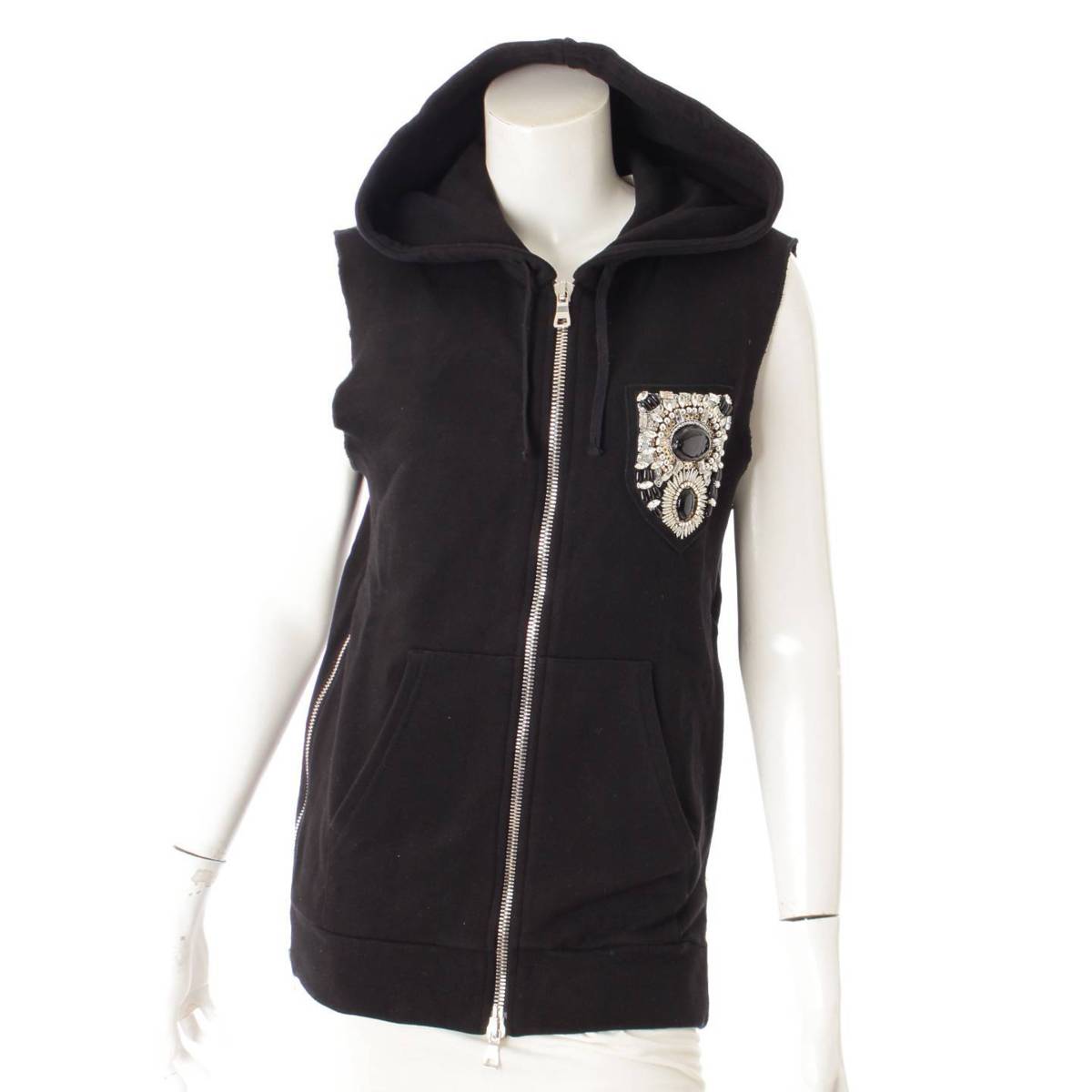バルマン(Balmain) ビジュー付 ノースリーブ パーカー ベスト ブラック XS